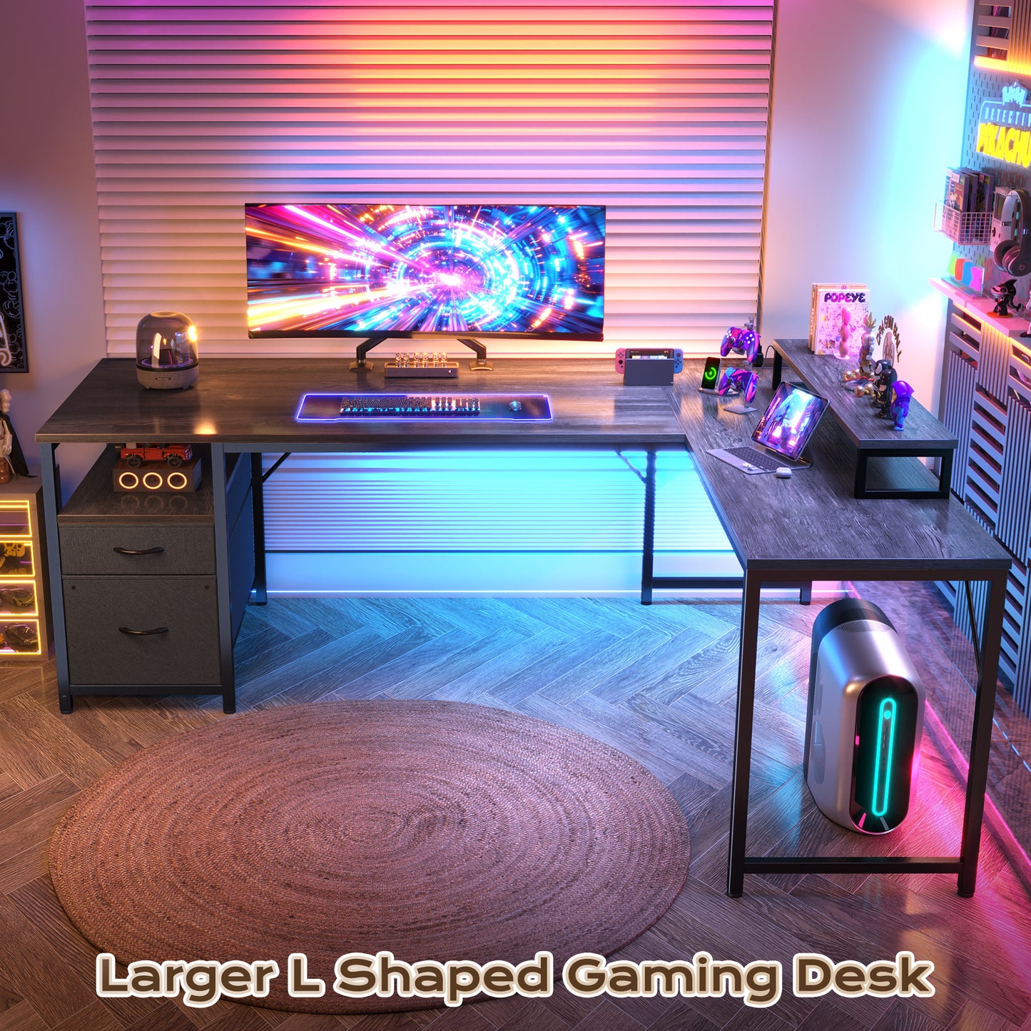 PRAISUN 63 Inch L Shaped Desk with Power Outlets and USB-C Port, Computer Corner Home Office Desk with File Fabric Drawers and Movable Monitor Stand, Larger Storage, Gaming, Writing, Work, Grey