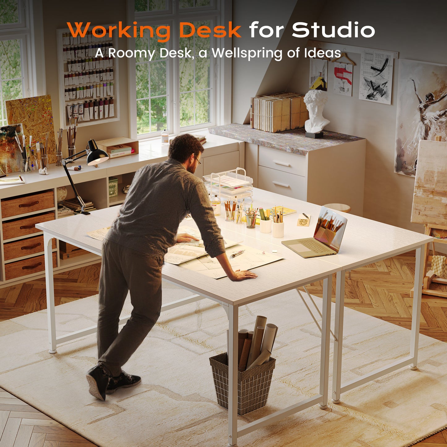 PRAISUN 54 X 24 Inch Computer Desk with Deeper Desktop, Gaming Office Writing Work Desk for Home Office, Study, Bedroom, Work from Home, Metal Frame, White