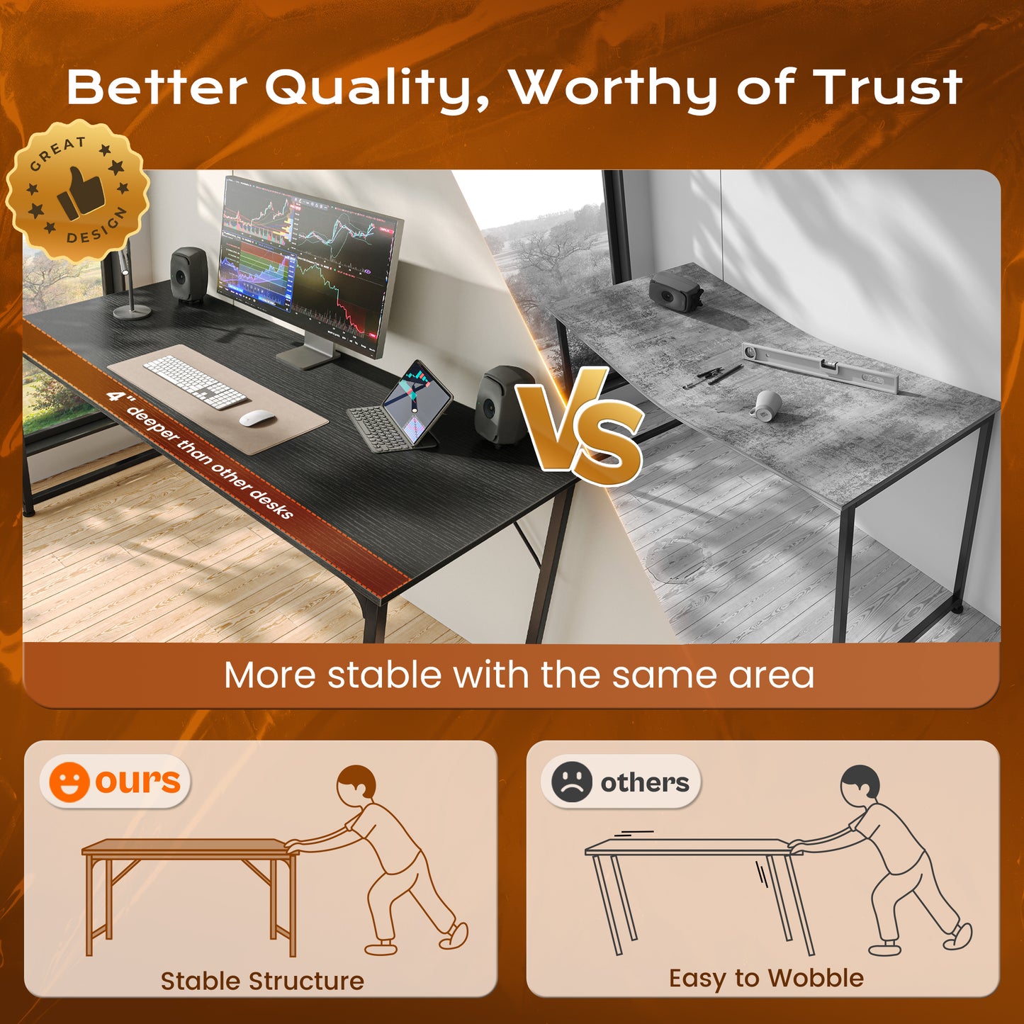 PRAISUN 47 X 24 Inch Computer Desk with Deeper Desktop, Gaming Office Writing Work Desk for Home Office, Study, Bedroom, Work from Home, Metal Frame, Black