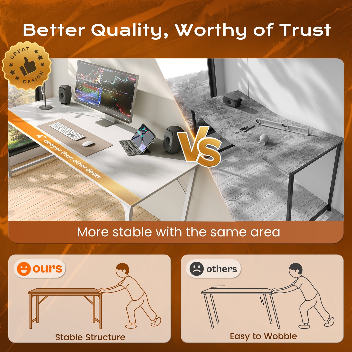 PRAISUN 48 X 24 Inch Computer Desk with Deeper Desktop, Gaming Office Writing Work Desk for Home Office, Study, Bedroom, Work from Home, Metal Frame, White