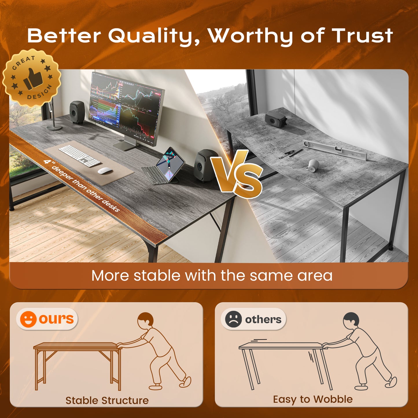 PRAISUN 48 X 24 Inch Computer Desk with Deeper Desktop, Gaming Office Writing Work Desk for Home Office, Study, Bedroom, Work from Home, Metal Frame, Grey