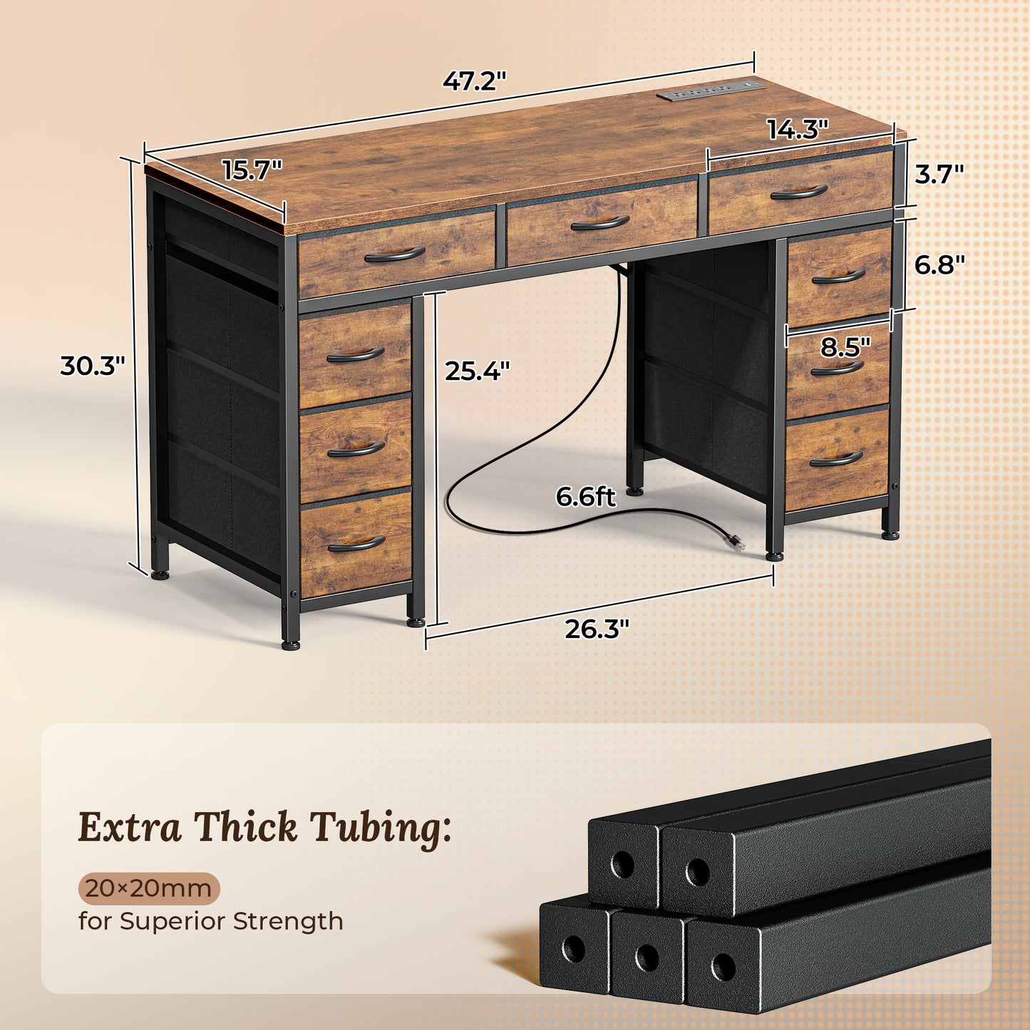 PRAISUN 47 Inch Office Desk with Outlets, Computer Desk with 9 Fabric Drawers, Writing Gaming Work Study Desk for Bedroom, Living Room, Home Office, Large Storage, Rustic Brown