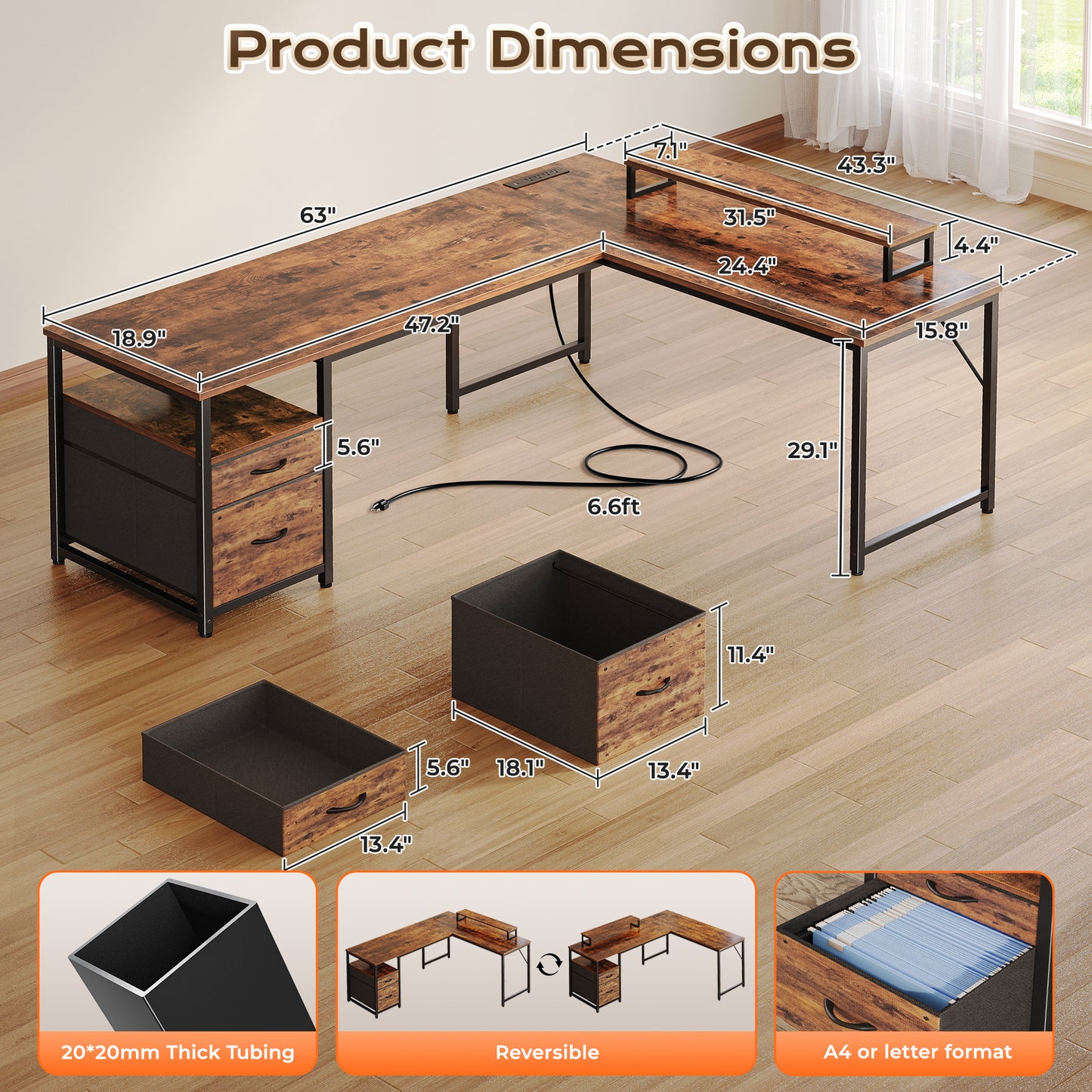 PRAISUN 63 Inch L Shaped Desk with Power Outlets and USB-C Port, Computer Corner Home Office Desk with File Fabric Drawers and Movable Monitor Stand, Larger Storage, Gaming, Writing, Rustic Brown