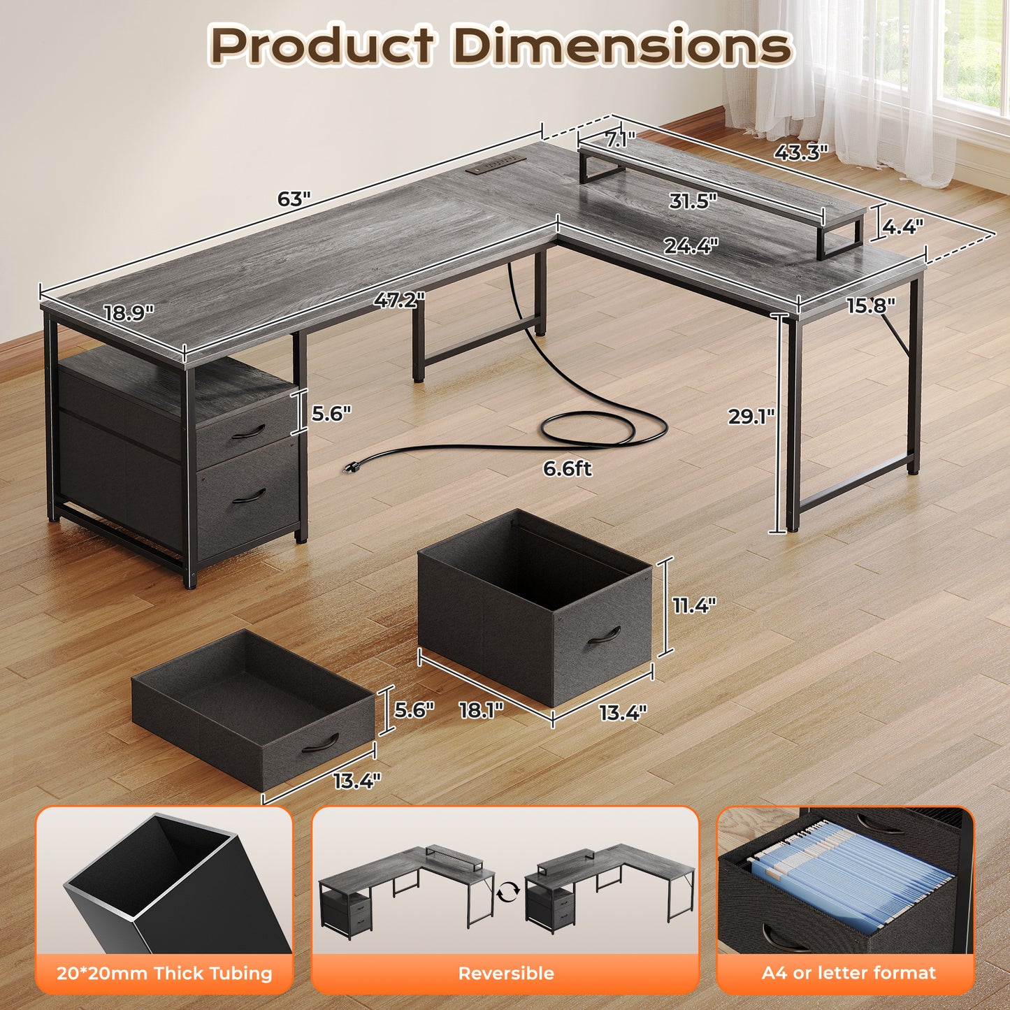 PRAISUN 63 Inch L Shaped Desk with Power Outlets and USB-C Port, Computer Corner Home Office Desk with File Fabric Drawers and Movable Monitor Stand, Larger Storage, Gaming, Writing, Work, Grey