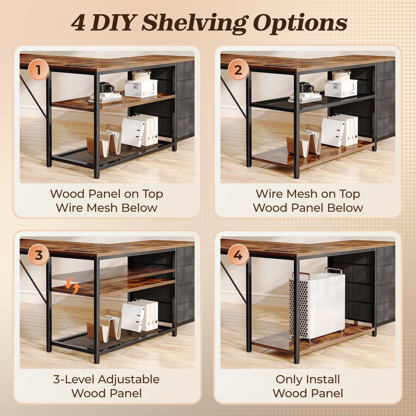 PRAISUN 53" L Shaped Desk with Power Outlets and USB-C Port, Reversible Computer Corner Office Desk with 4 Fabric Drawers and 2 Height-Adjustable Shelves, Large for Gaming Writing Study, Rustic Brown