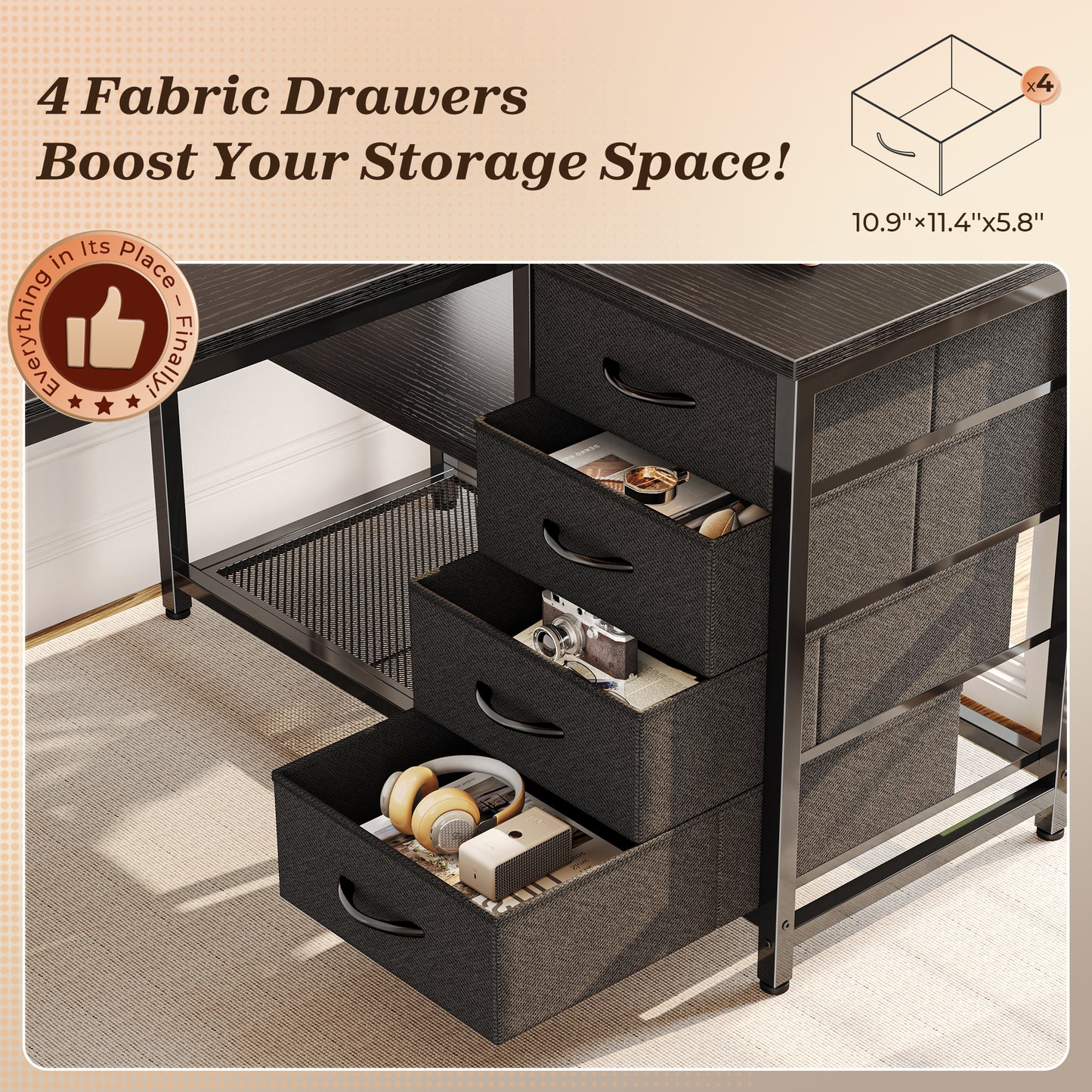 PRAISUN 43.3" Small Computer Desk with Power Outlets and USB-C Port, Reversible L Shaped Corner Office Desk with 4 Fabric Drawers and 2 Height-Adjustable Shelves, for Gaming Writing, Black