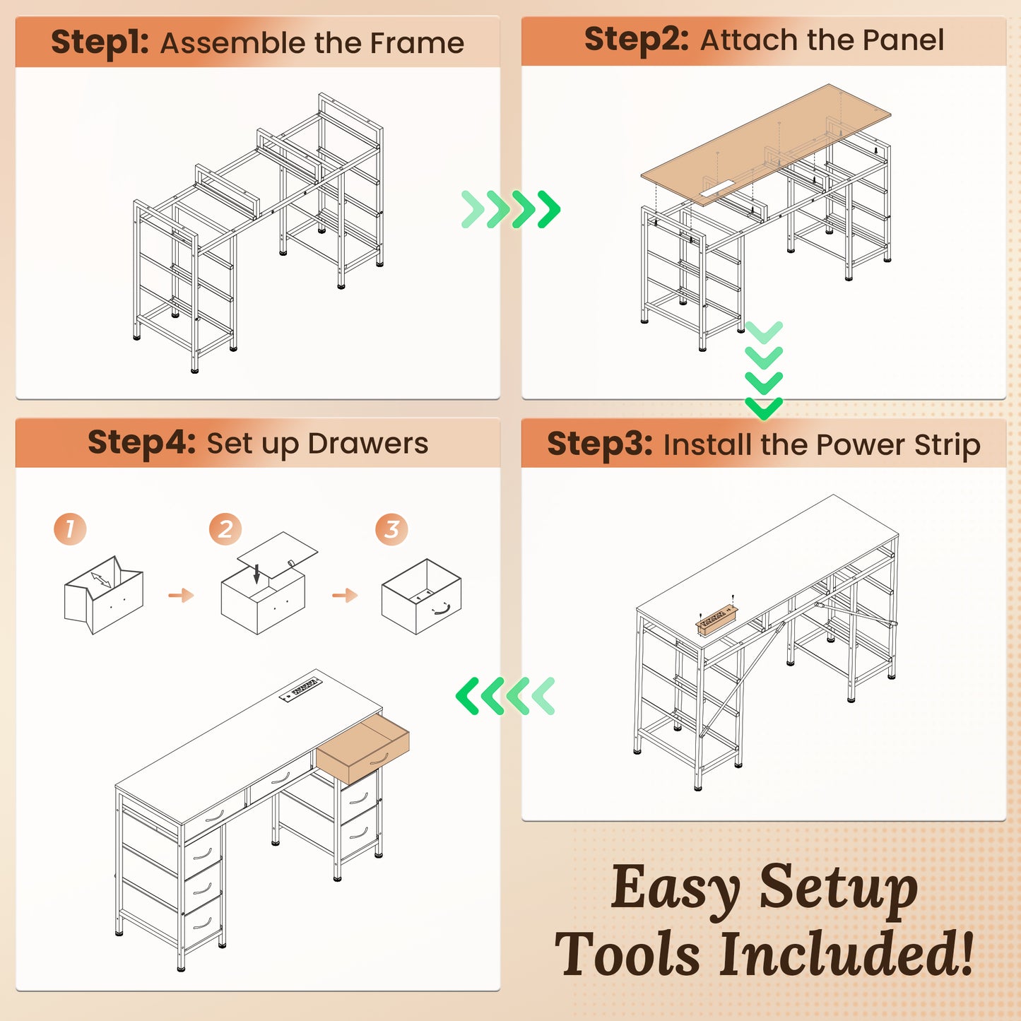 PRAISUN 54 Inch Office Desk with Outlets, Computer Desk with 9 Fabric Drawers, Writing Gaming Work Study Desk for Bedroom, Living Room, Home Office, Large Storage, Grey