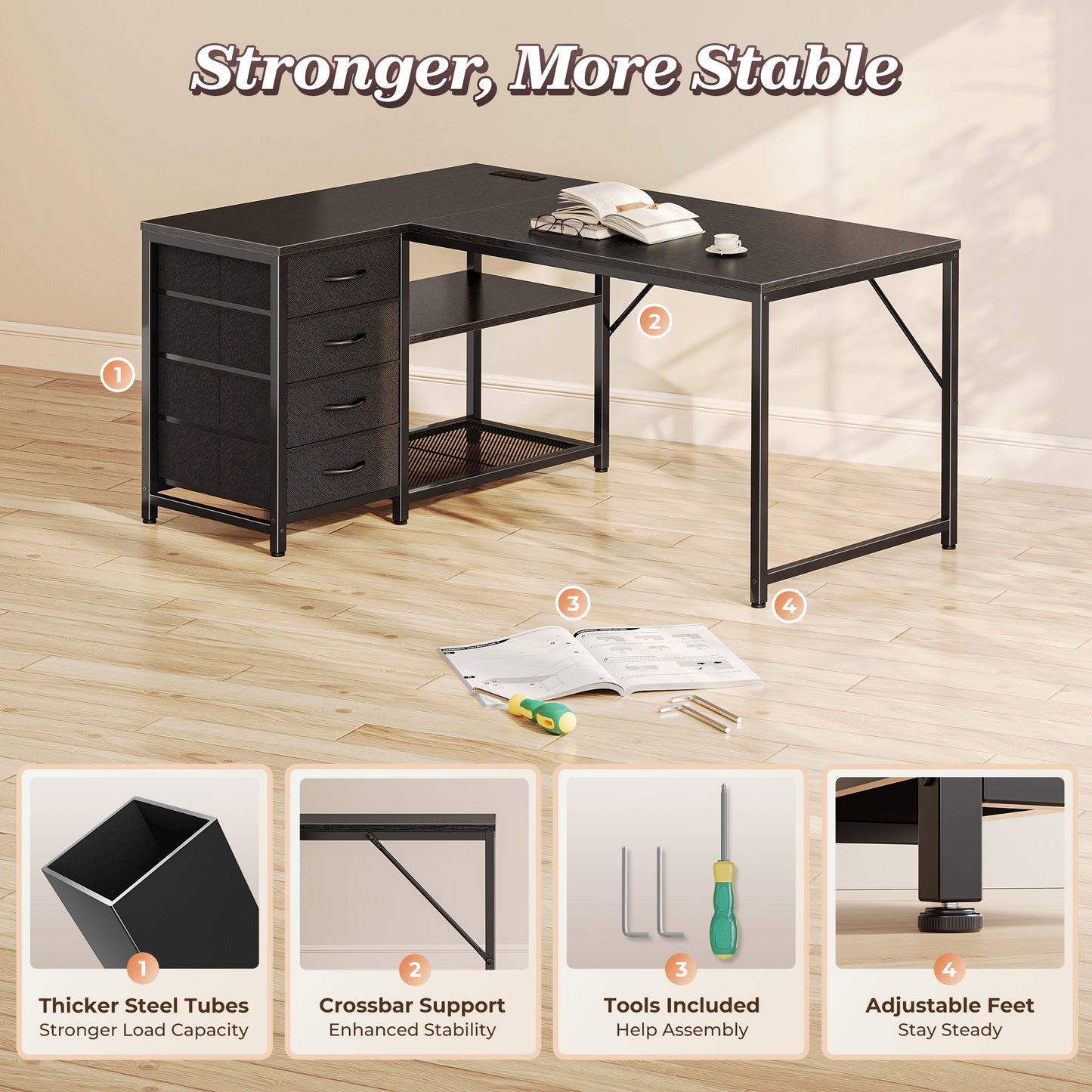 PRAISUN 43.3" Small Computer Desk with Power Outlets and USB-C Port, Reversible L Shaped Corner Office Desk with 4 Fabric Drawers and 2 Height-Adjustable Shelves, for Gaming Writing, Black