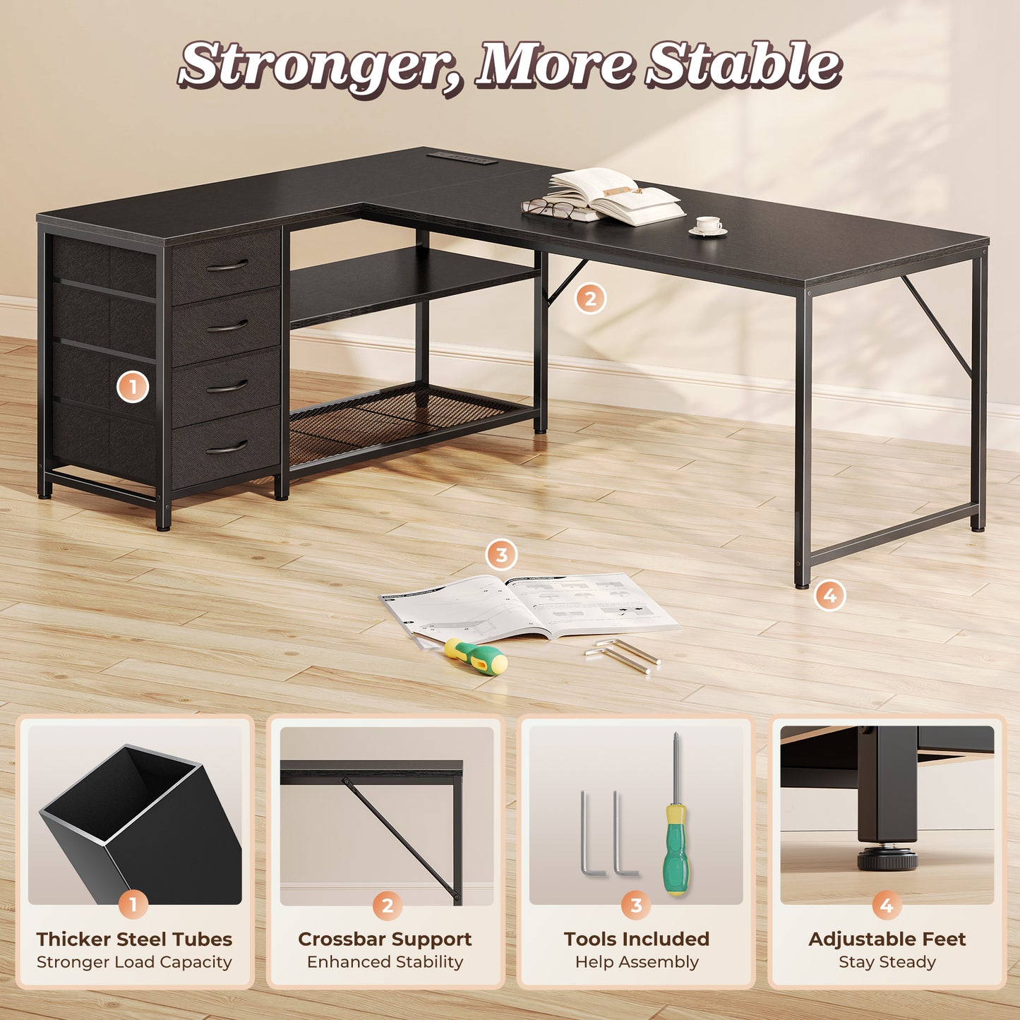 PRAISUN 61" L Shaped Desk with Power Outlets and USB-C Port, Reversible Computer Corner Office Desk with 4 Fabric Drawers and 2 Height-Adjustable Shelves, Large for Gaming Writing Work Study,Black