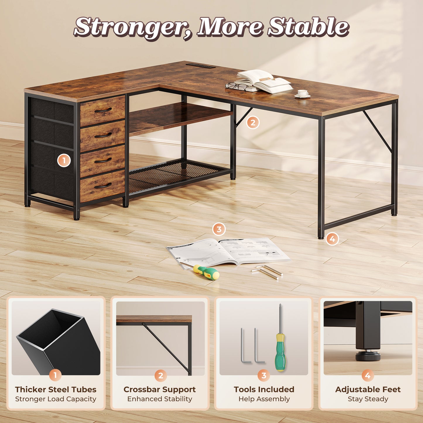 PRAISUN 53" L Shaped Desk with Power Outlets and USB-C Port, Reversible Computer Corner Office Desk with 4 Fabric Drawers and 2 Height-Adjustable Shelves, Large for Gaming Writing Study, Rustic Brown