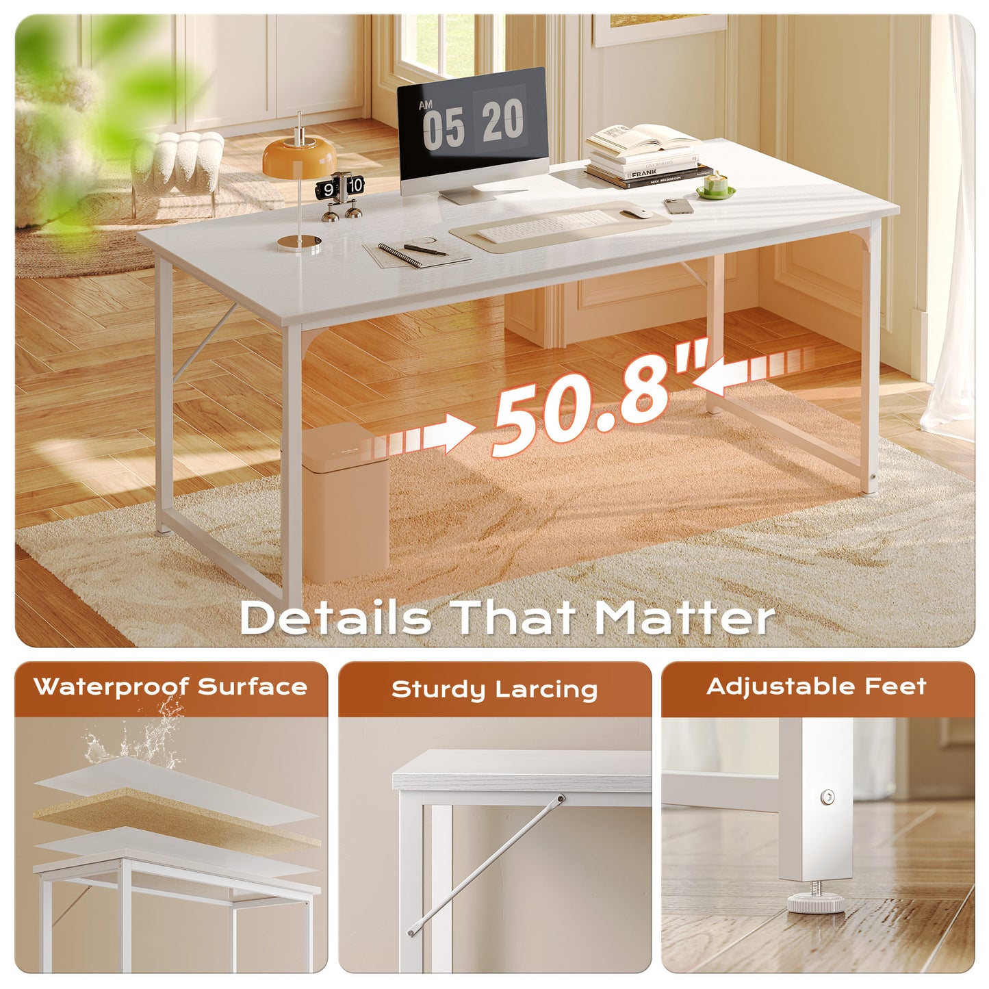 PRAISUN 54 X 24 Inch Computer Desk with Deeper Desktop, Gaming Office Writing Work Desk for Home Office, Study, Bedroom, Work from Home, Metal Frame, White