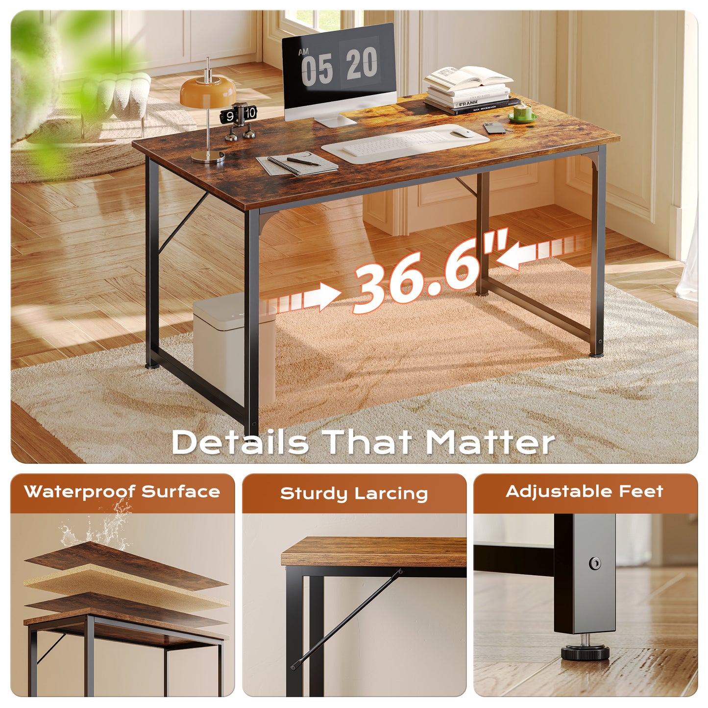 PRAISUN 40 X 24 Inch Computer Desk with Deeper Desktop, Gaming Office Writing Work Desk for Home Office, Study, Bedroom, Work from Home, Metal Frame, Rustic Brown