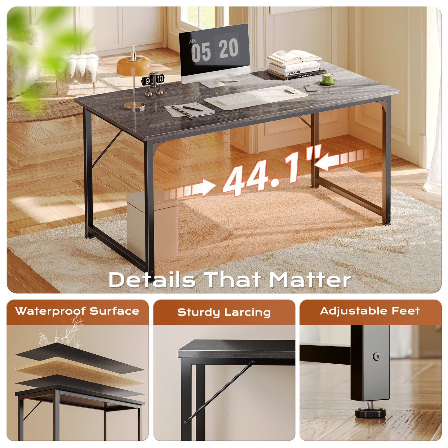 PRAISUN 48 X 24 Inch Computer Desk with Deeper Desktop, Gaming Office Writing Work Desk for Home Office, Study, Bedroom, Work from Home, Metal Frame, Grey