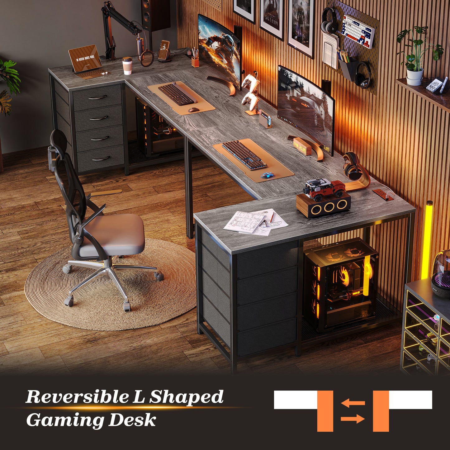 PRAISUN 43.3" Small Computer Desk with Power Outlets and USB-C Port, Reversible L Shaped Corner Office Desk with 4 Fabric Drawers and 2 Height-Adjustable Shelves, for Gaming Writing, Grey