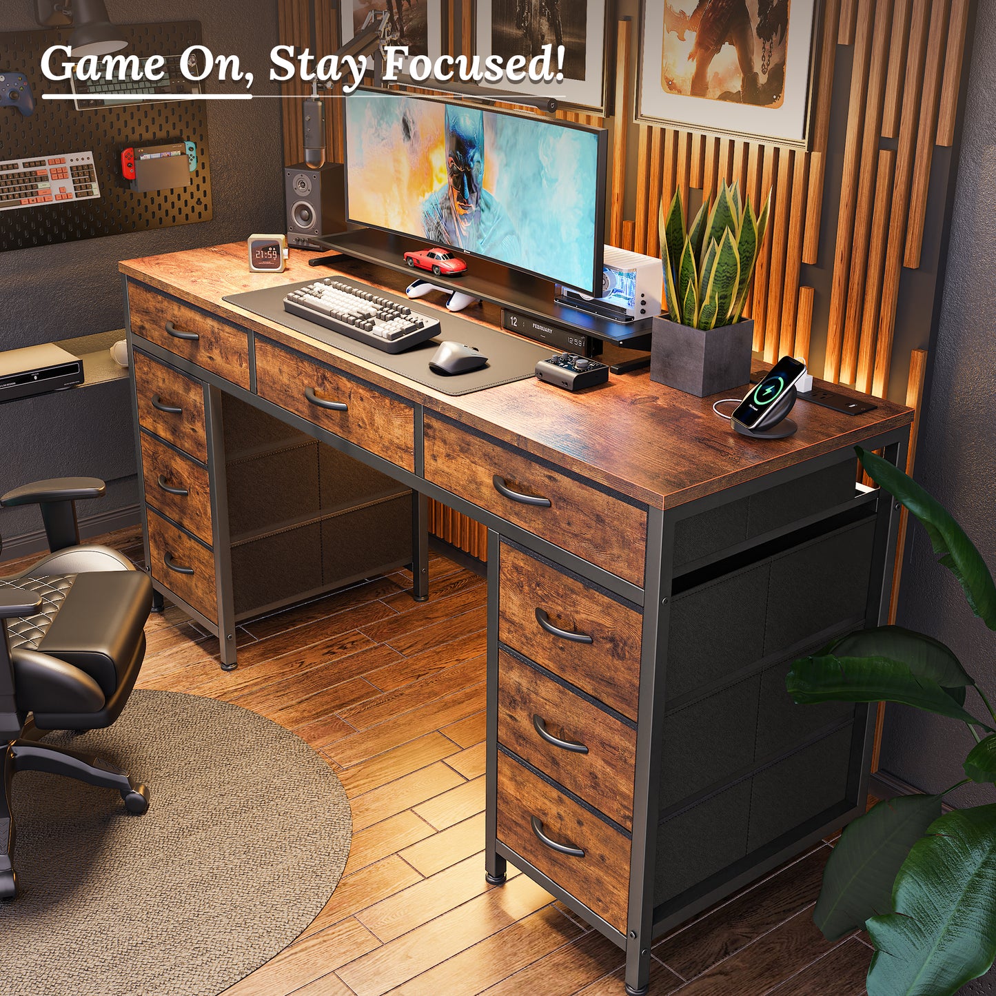 PRAISUN 54 Inch Office Desk with Outlets, Computer Desk with 9 Fabric Drawers, Writing Gaming Work Study Desk for Bedroom, Living Room, Home Office, Large Storage, Rustic Brown