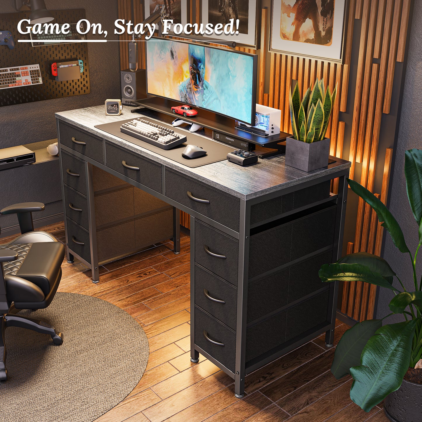 PRAISUN 47 Inch Office Desk with Outlets, Computer Desk with 9 Fabric Drawers, Writing Gaming Work Study Desk for Bedroom, Living Room, Home Office, Large Storage, Grey