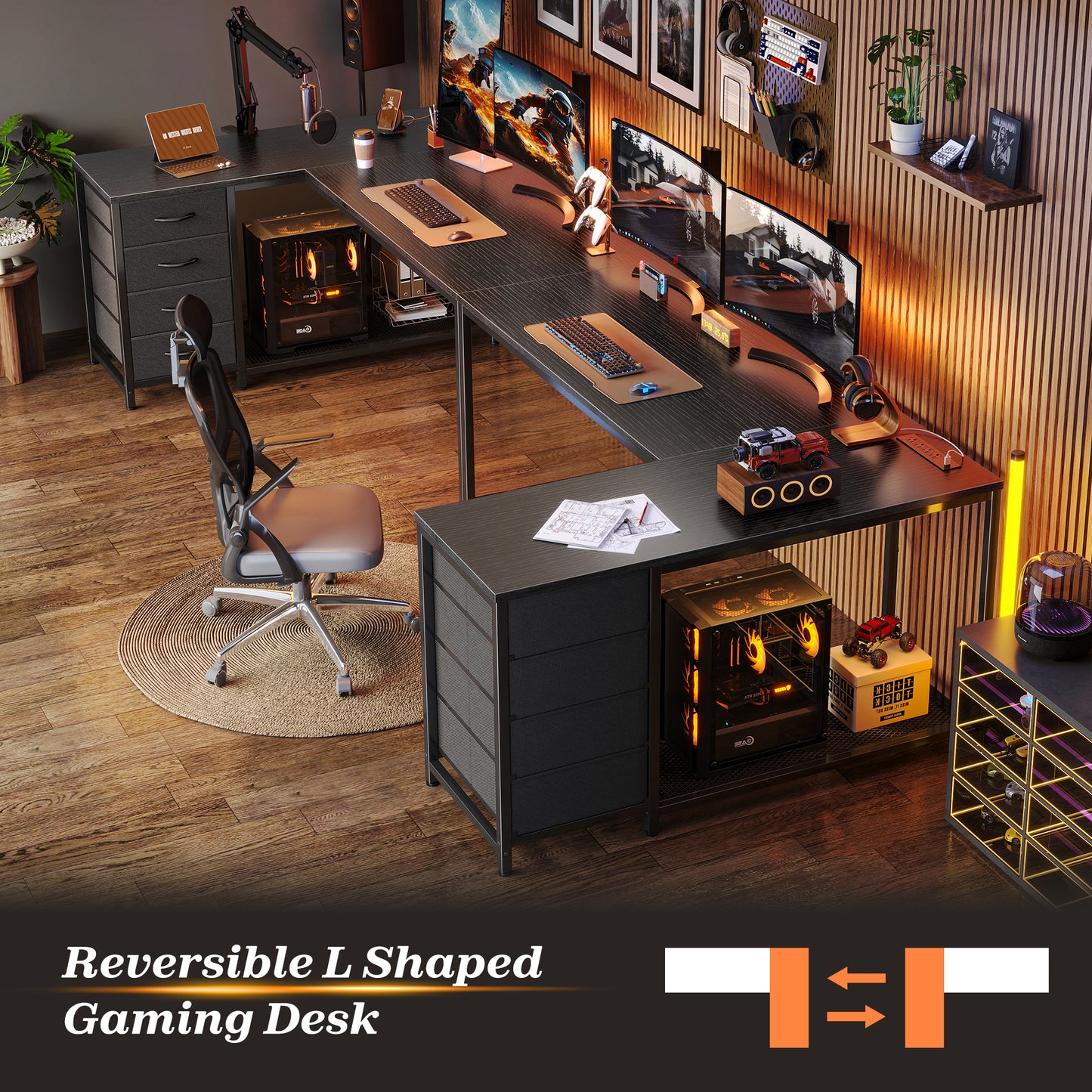 PRAISUN 53" L Shaped Desk with Power Outlets and USB-C Port, Reversible Computer Corner Office Desk with 4 Fabric Drawers and 2 Height-Adjustable Shelves, Large for Gaming Writing Work Study, Black