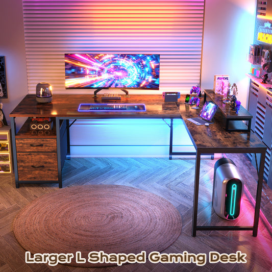 PRAISUN 63 Inch L Shaped Desk with Power Outlets and USB-C Port, Computer Corner Home Office Desk with File Fabric Drawers and Movable Monitor Stand, Larger Storage, Gaming, Writing, Rustic Brown