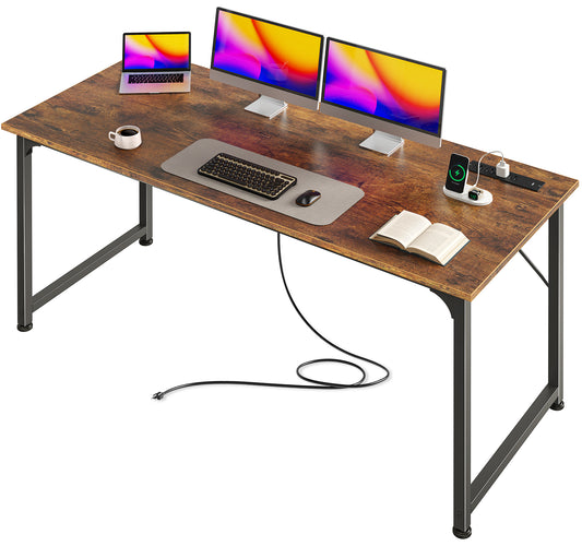 PRAISUN 55 X 20 Inch Office Computer Desk with Power Outlets and USB-C Port, Larger and Longer Gaming Desk, for Home Office, Study, Bedroom, Writing Work from Home Table, Metal Frame, Rustic Brown