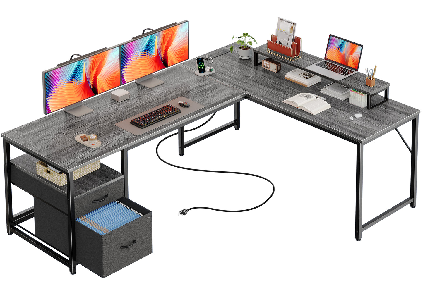 PRAISUN 63 Inch L Shaped Desk with Power Outlets and USB-C Port, Computer Corner Home Office Desk with File Fabric Drawers and Movable Monitor Stand, Larger Storage, Gaming, Writing, Work, Grey