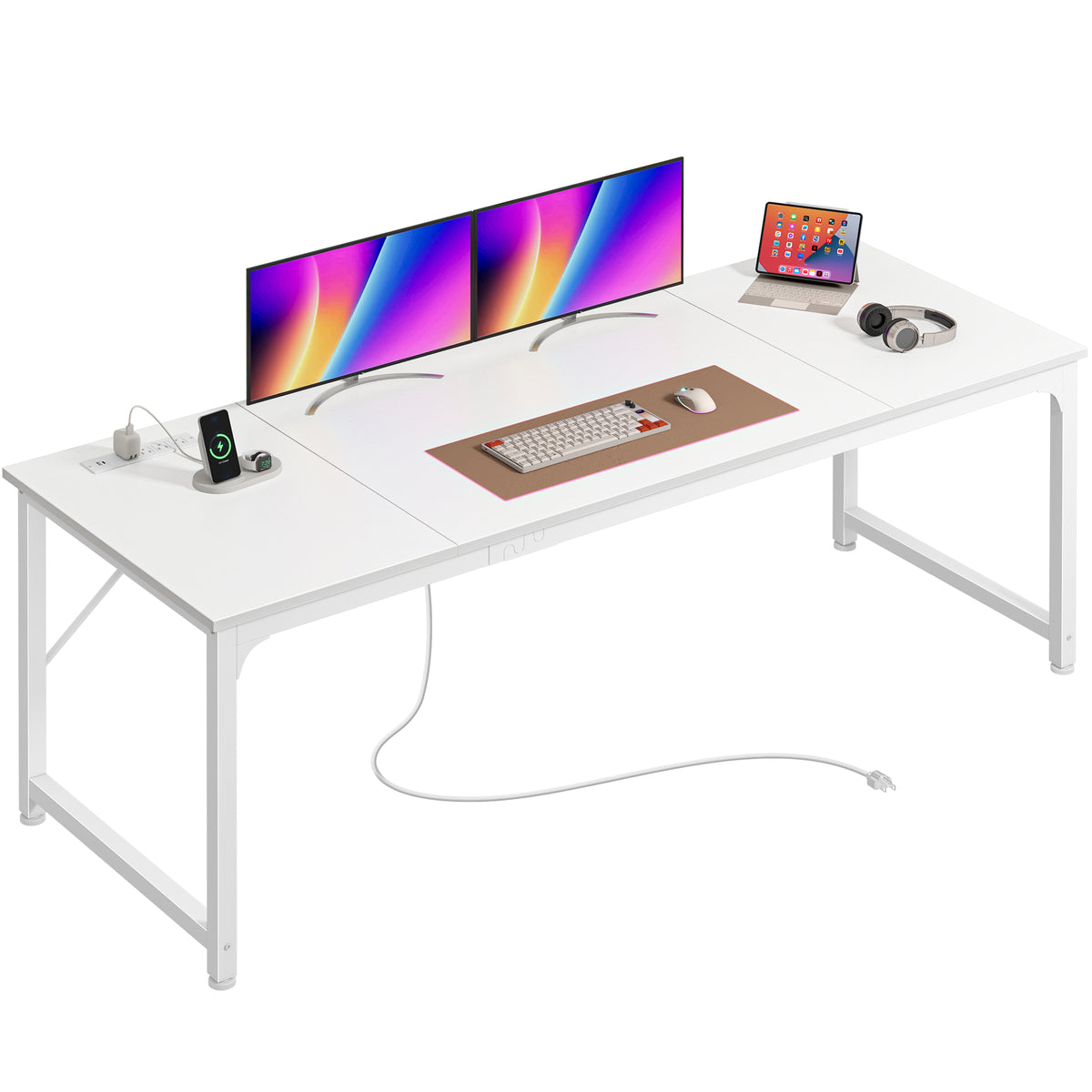 PRAISUN 70 x 24 Inch Computer Desk with Power Outlets & USB-C, White Office Desk with 4 AC Outlets, USB & USB-C, Heavy Duty Metal Frame, Spacious Desktop for Work, Writing, Study & Gaming