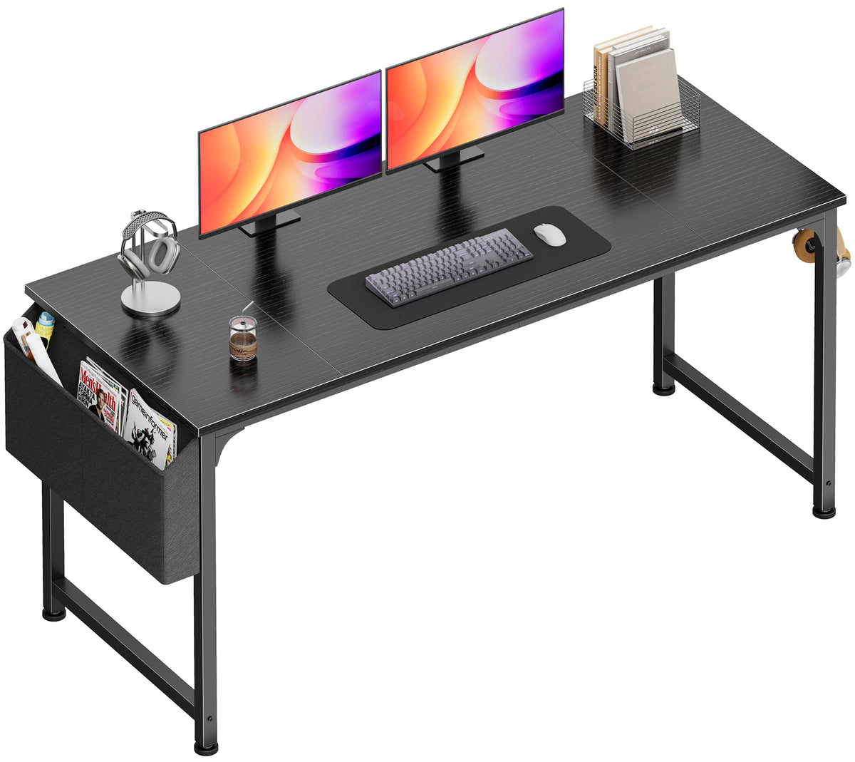 PRAISUN 55'' Computer Desk with Fabric Storage Bag, Office Desk with Durable Desktop, Large Gaming Desk, Writing Work Study Desk for Bedroom, Home Office, Black
