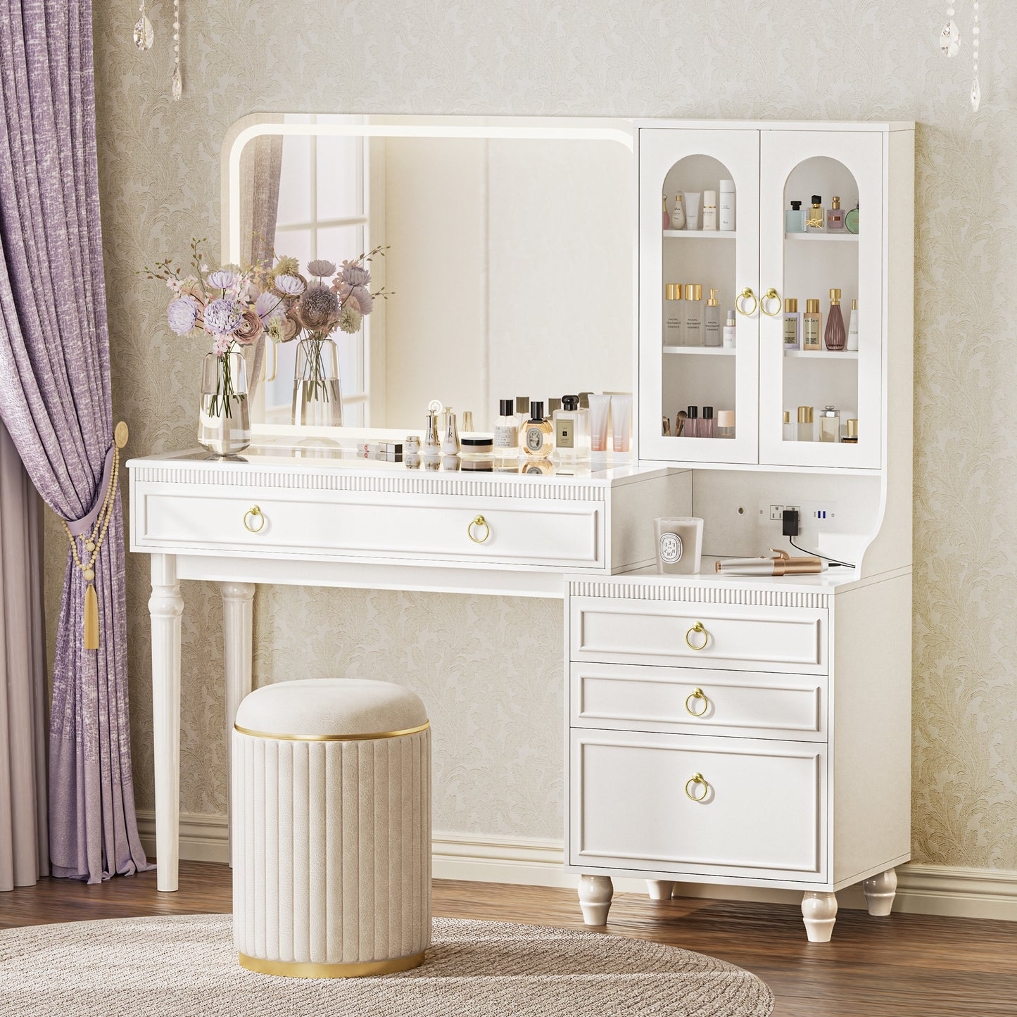 PRAISUN 53 Inch Makeup Vanity Desk with Large Mirror and Lights, Vanity Table with Power Outlets and USB-C Port, Glass Top, 4 Divided Drawer Storage, Big Vanity with Cabinet, Adjustable Shelves