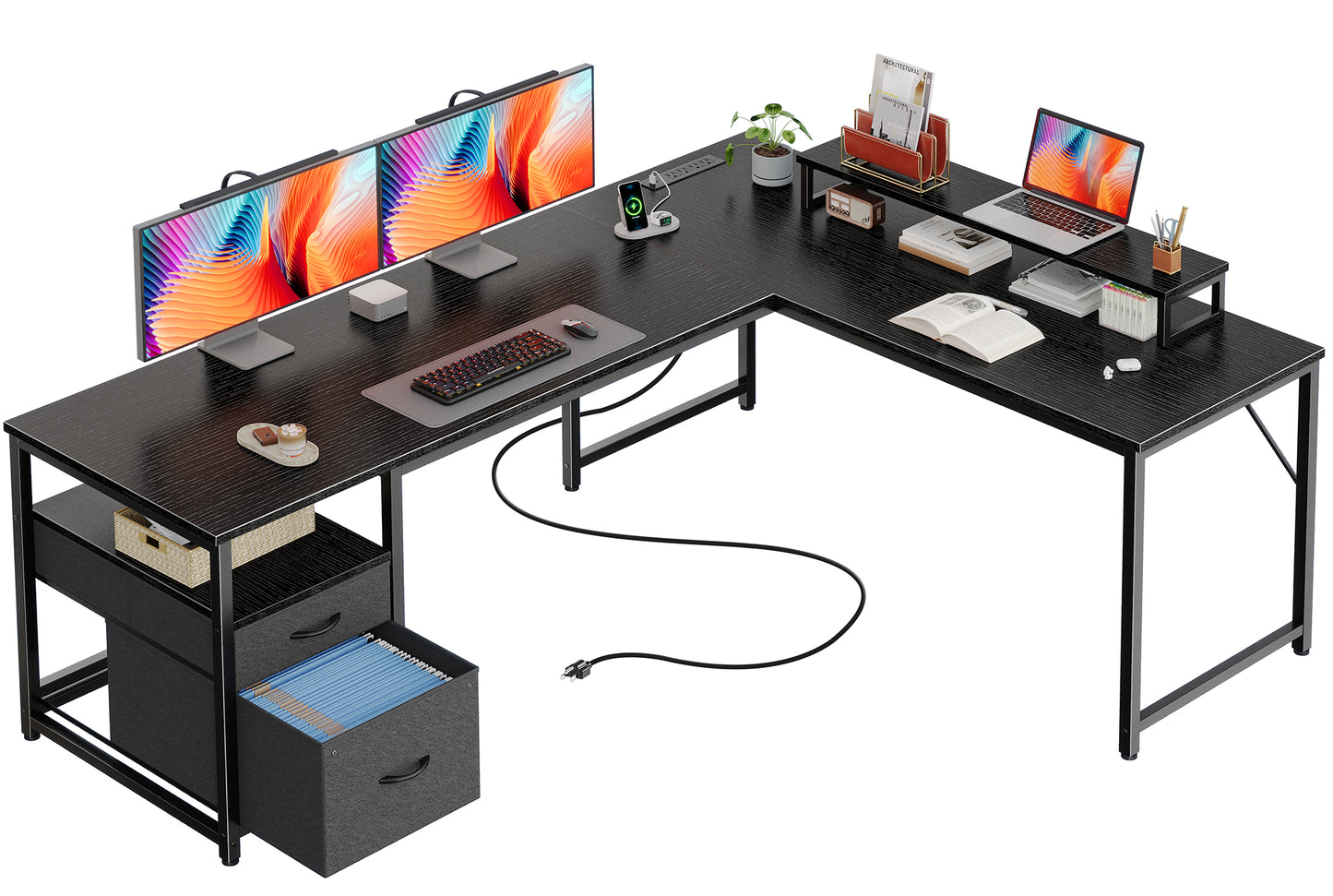 PRAISUN 63 Inch L Shaped Desk with Power Outlets and USB-C Port, Computer Corner Home Office Desk with File Fabric Drawers and Movable Monitor Stand, Larger Storage, Gaming, Writing, Work, Black