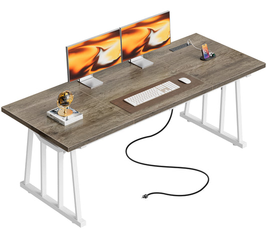 PRAISUN 71'' Large Office Desk with Power Outlets, 25mm Thicker Desktop Heavy Duty Executive Computer Desk with USB-C Ports, Sturdy Metal Frame, 31.5'' Wide PC Work Home Office Study Desk, Grey