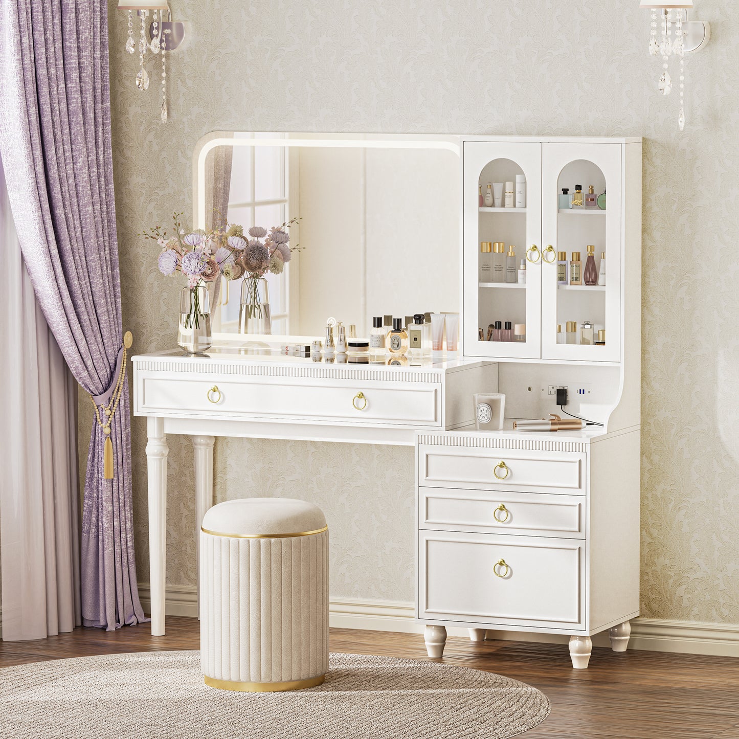 PRAISUN 53 Inch Makeup Vanity Desk with Large Mirror and Lights, Vanity Table with Power Outlets and USB-C Port, Glass Top, 4 Divided Drawer Storage, Big Vanity with Cabinet, Adjustable Shelves