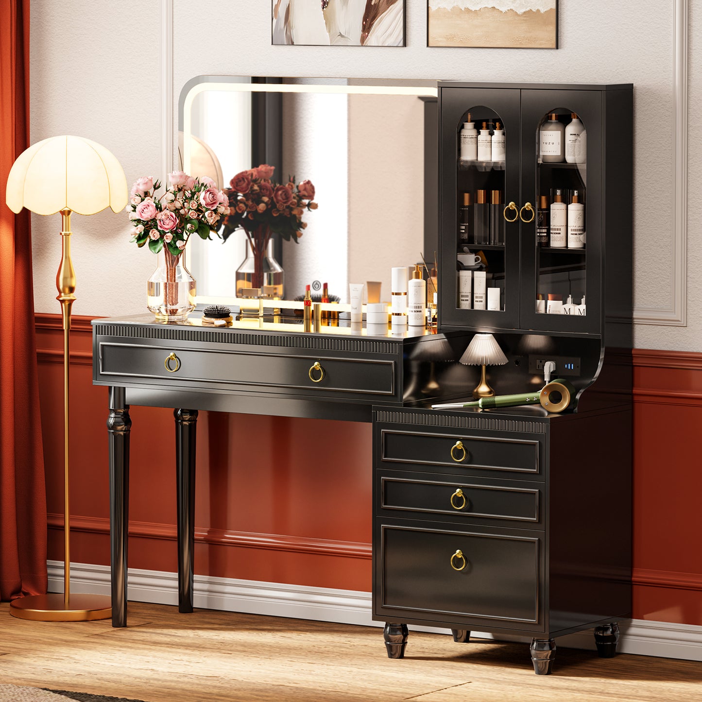 PRAISUN 53 Inch Makeup Vanity Desk with Large Mirror and Lights, Vanity Table with Power Outlets and USB-C Port, Glass Top, 4 Divided Drawer Storage, Big Vanity with Cabinet, Adjustable Shelves