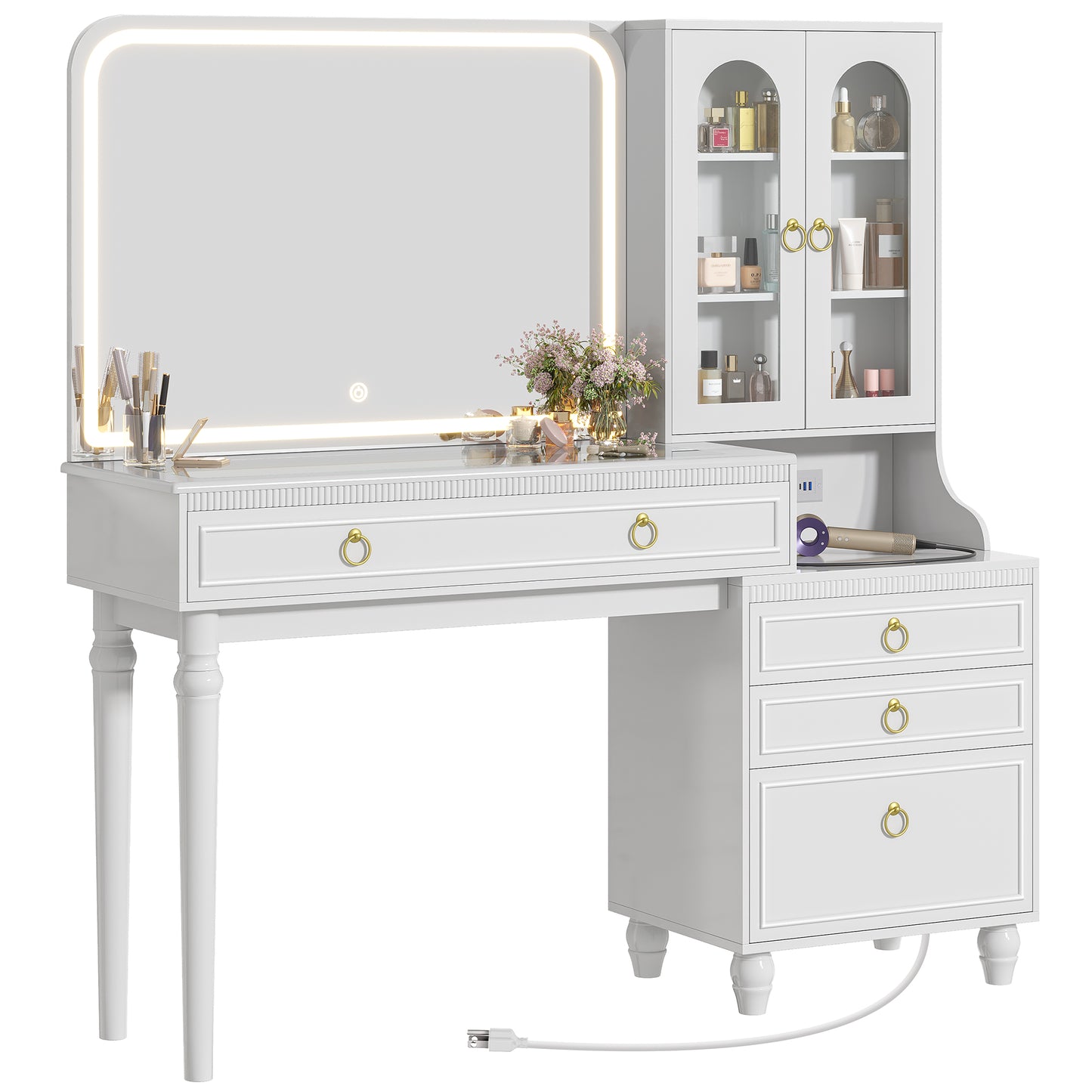 PRAISUN 53 Inch Makeup Vanity Desk with Large Mirror and Lights, Vanity Table with Power Outlets and USB-C Port, Glass Top, 4 Divided Drawer Storage, Big Vanity with Cabinet, Adjustable Shelves