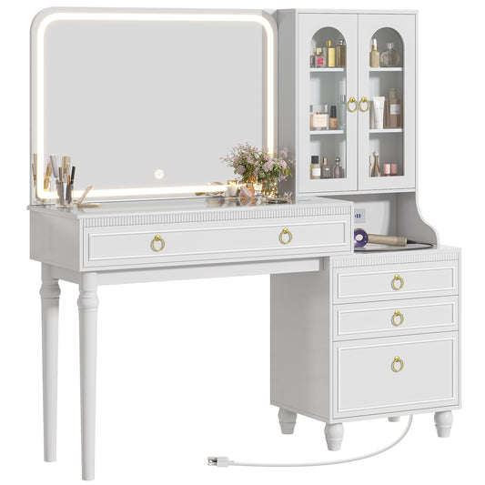 PRAISUN 53 Inch Makeup Vanity Desk with Large Mirror and Lights, Vanity Table with Power Outlets and USB-C Port, Glass Top, 4 Divided Drawer Storage, Big Vanity with Cabinet, Adjustable Shelves