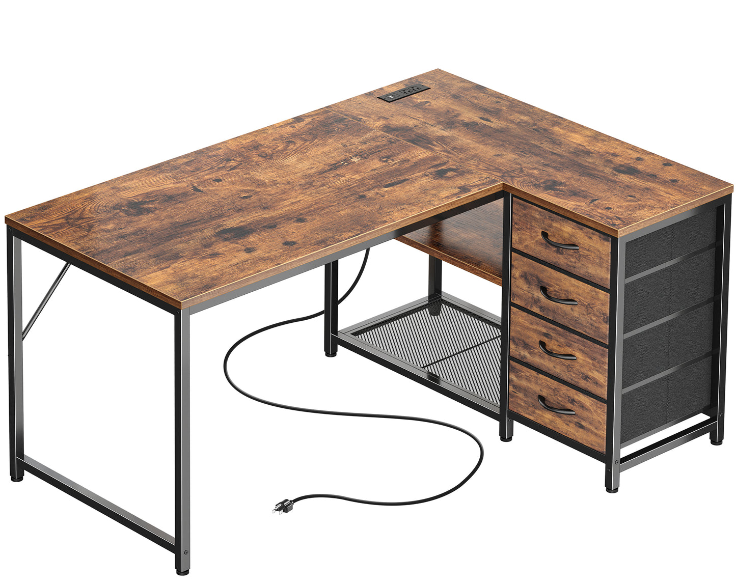 PRAISUN 43.3" Small Computer Desk with Power Outlets and USB-C Port, Reversible L Shaped Corner Office Desk with 4 Fabric Drawers and 2 Height-Adjustable Shelves, for Gaming Writing, Rustic Brown