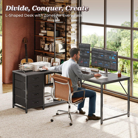 PRAISUN 53" L Shaped Desk with Power Outlets and USB-C Port, Reversible Computer Corner Office Desk with 4 Fabric Drawers and 2 Height-Adjustable Shelves, Large for Gaming Writing Work Study, Grey