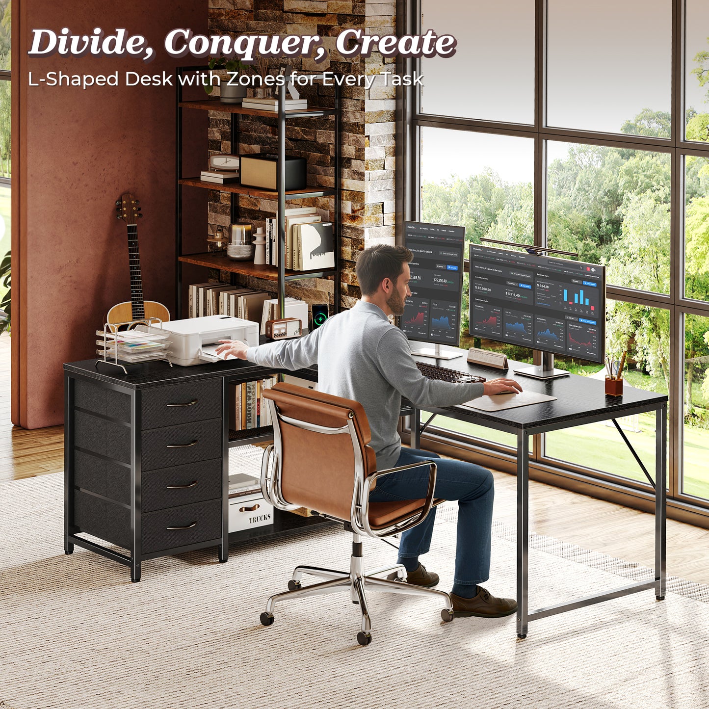 PRAISUN 53" L Shaped Desk with Power Outlets and USB-C Port, Reversible Computer Corner Office Desk with 4 Fabric Drawers and 2 Height-Adjustable Shelves, Large for Gaming Writing Work Study, Black