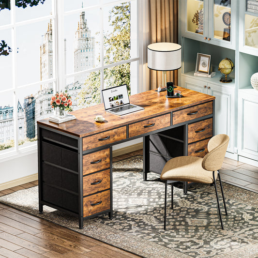 PRAISUN 54 Inch Office Desk with Outlets, Computer Desk with 9 Fabric Drawers, Writing Gaming Work Study Desk for Bedroom, Living Room, Home Office, Large Storage, Rustic Brown