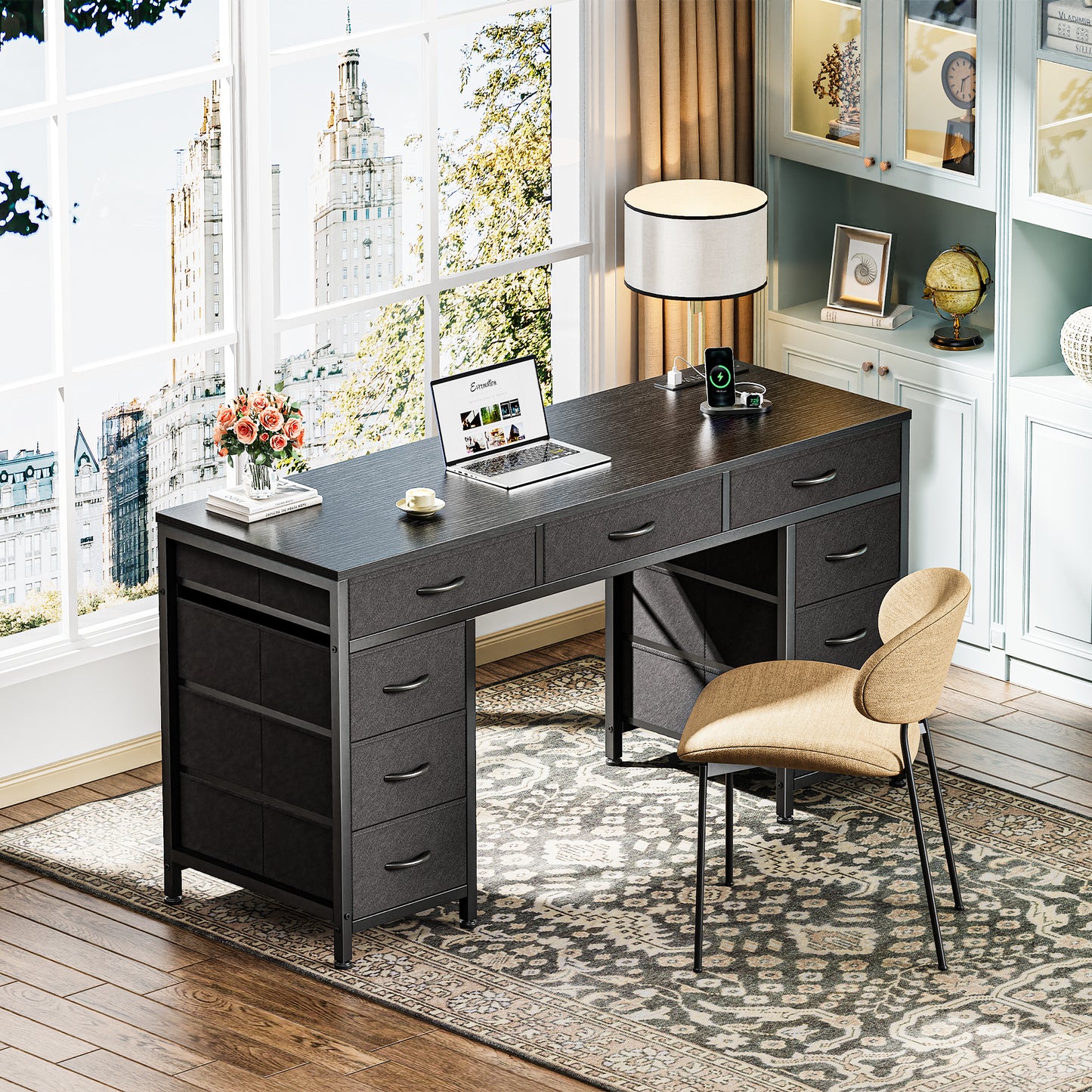 PRAISUN 54 Inch Office Desk with Outlets, Computer Desk with 9 Fabric Drawers, Writing Gaming Work Study Desk for Bedroom, Living Room, Home Office, Large Storage, Black