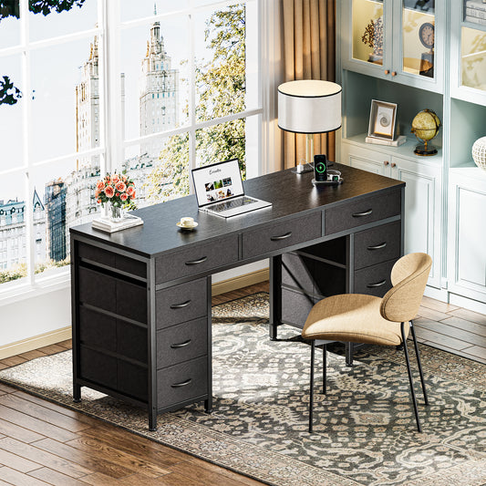 PRAISUN 54 Inch Office Desk with Outlets, Computer Desk with 9 Fabric Drawers, Writing Gaming Work Study Desk for Bedroom, Living Room, Home Office, Large Storage, Black