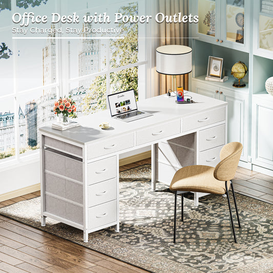 PRAISUN 54 Inch Office Desk with Outlets, Computer Desk with 9 Fabric Drawers, Writing Gaming Work Study Desk for Bedroom, Living Room, Home Office, Large Storage, White