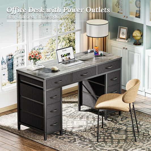PRAISUN 47 Inch Office Desk with Outlets, Computer Desk with 9 Fabric Drawers, Writing Gaming Work Study Desk for Bedroom, Living Room, Home Office, Large Storage, Grey