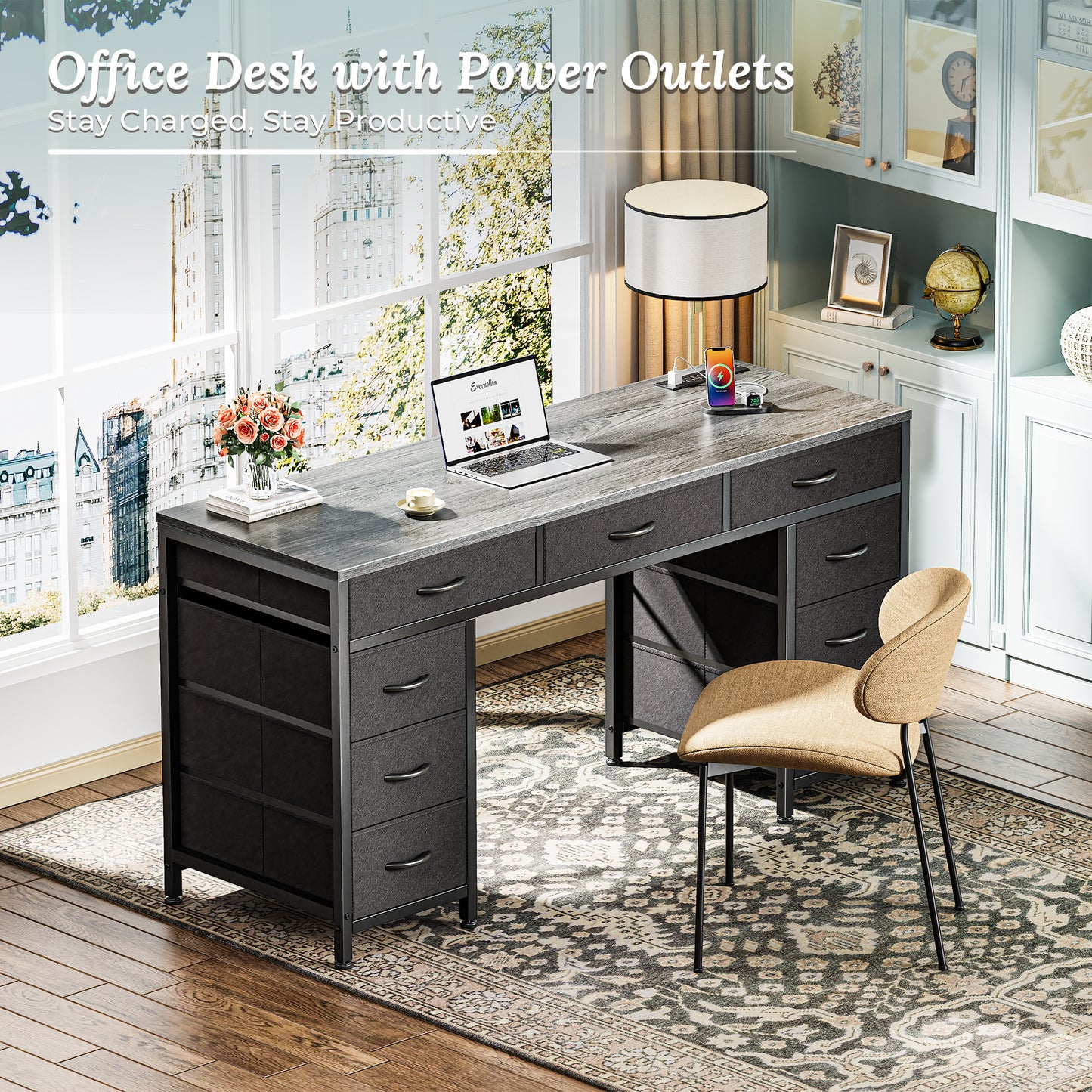 PRAISUN 54 Inch Office Desk with Outlets, Computer Desk with 9 Fabric Drawers, Writing Gaming Work Study Desk for Bedroom, Living Room, Home Office, Large Storage, Grey