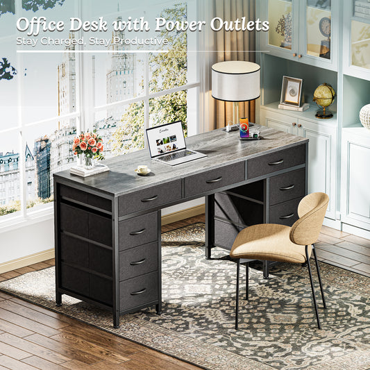 PRAISUN 54 Inch Office Desk with Outlets, Computer Desk with 9 Fabric Drawers, Writing Gaming Work Study Desk for Bedroom, Living Room, Home Office, Large Storage, Grey
