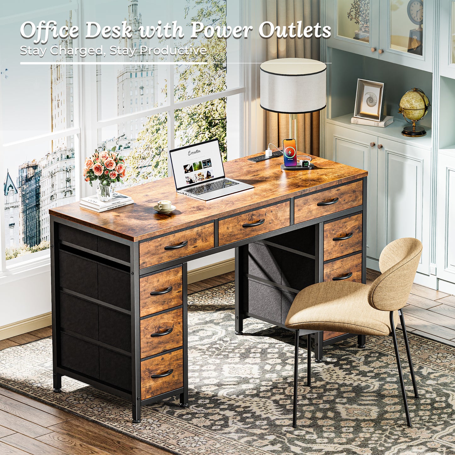 PRAISUN 47 Inch Office Desk with Outlets, Computer Desk with 9 Fabric Drawers, Writing Gaming Work Study Desk for Bedroom, Living Room, Home Office, Large Storage, Rustic Brown