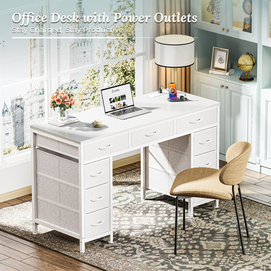 PRAISUN 47 Inch Office Desk with Outlets, Computer Desk with 9 Fabric Drawers, Writing Gaming Work Study Desk for Bedroom, Living Room, Home Office, Large Storage, White