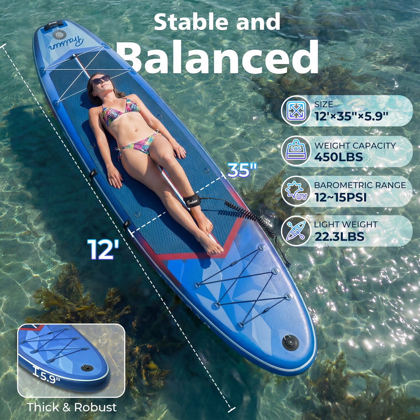 PRAISUN 12’ x 35” Inflatable Paddle Board, 450lbs Extra Wide Stand Up Paddleboard for Youth/Adults of All Skill Levels, Stable SUP with Seat & Full Kit, for Fishing, Yoga, Lake & Ocean