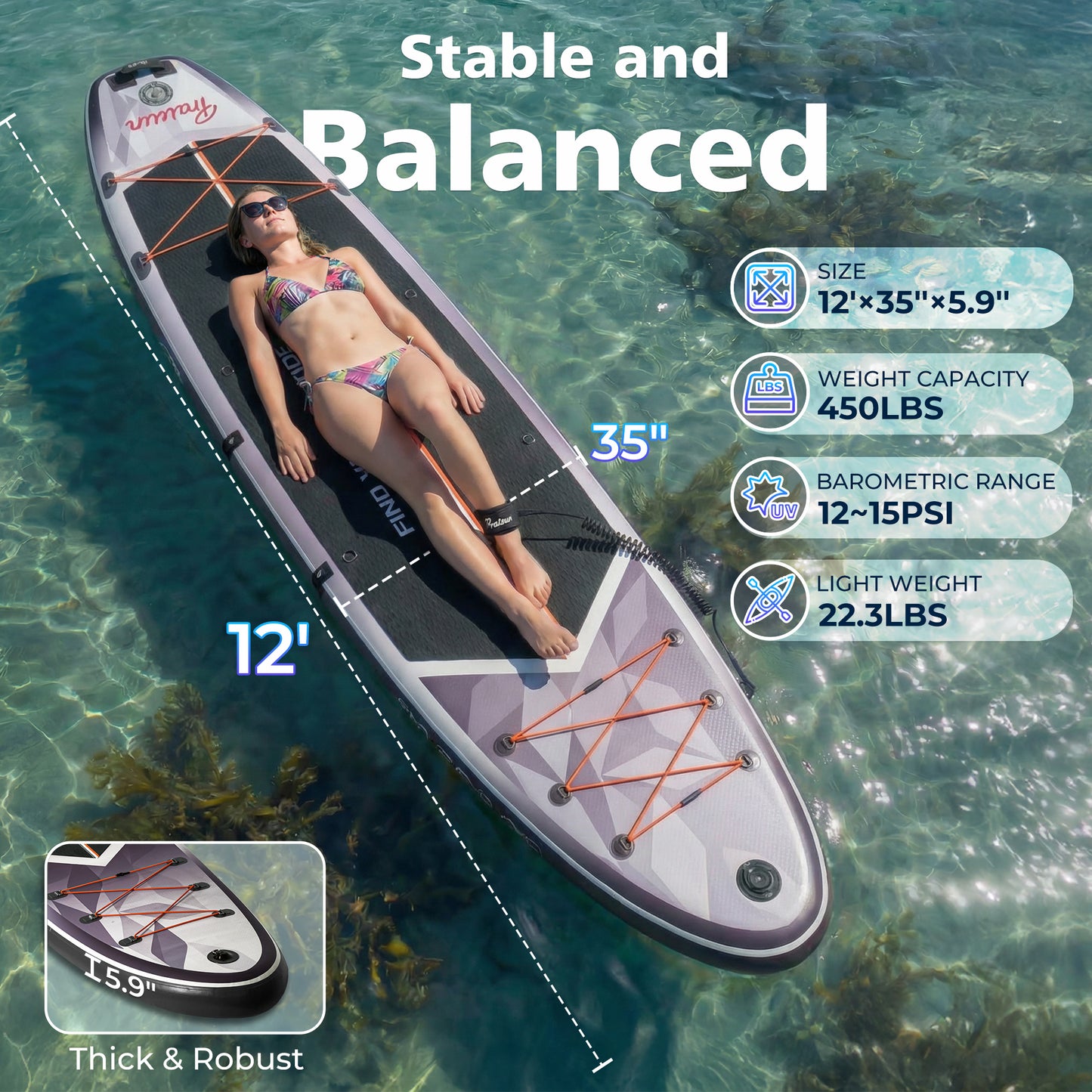 PRAISUN 12’ x 35” Inflatable Paddle Board, 450lbs Extra Wide Stand Up Paddleboard for Youth/Adults of All Skill Levels, Stable SUP with Seat & Full Kit, for Fishing, Yoga, Lake & Ocean