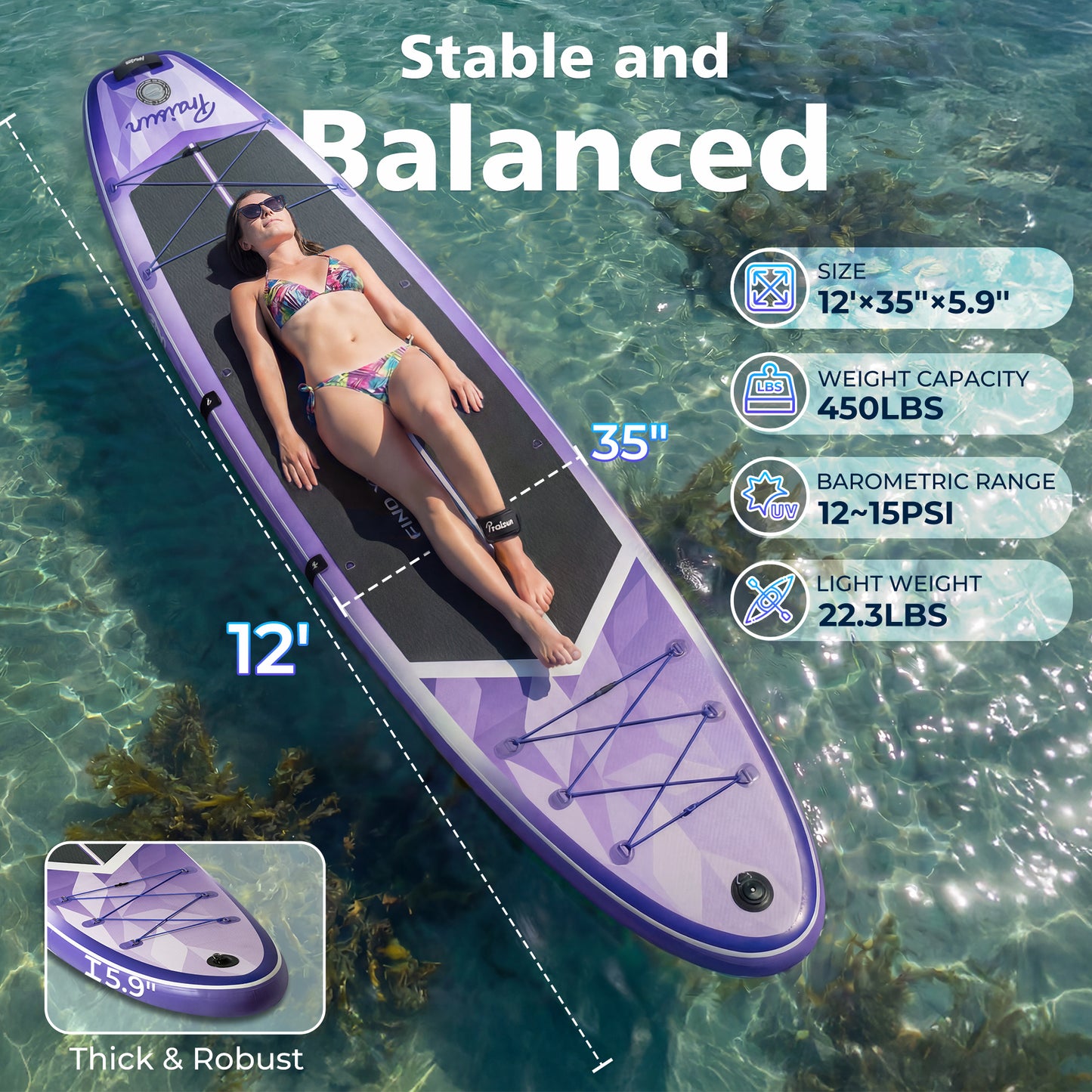 PRAISUN 12’ x 35” Inflatable Paddle Board, 450lbs Extra Wide Stand Up Paddleboard for Youth/Adults of All Skill Levels, Stable SUP with Seat & Full Kit, for Fishing, Yoga, Lake & Ocean