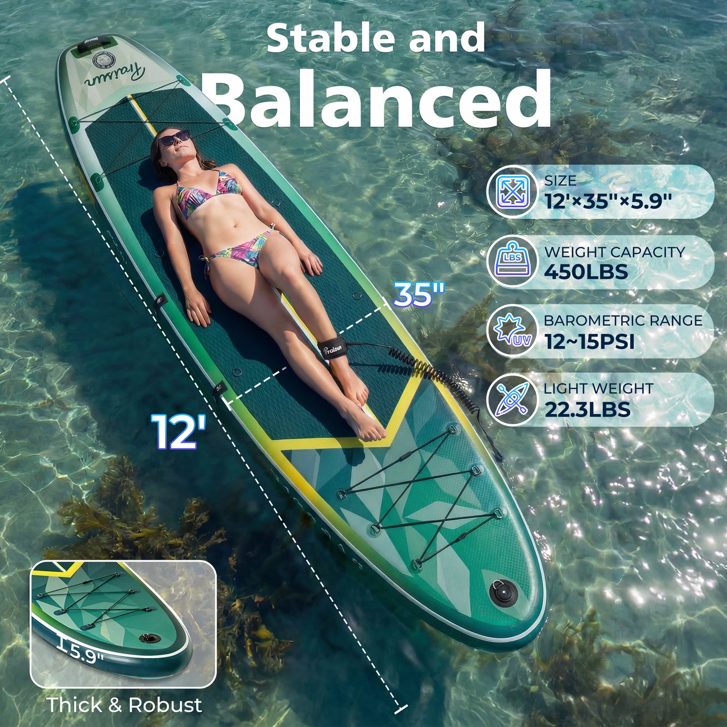 PRAISUN 12’ x 35” Inflatable Paddle Board, 450lbs Extra Wide Stand Up Paddleboard for Youth/Adults of All Skill Levels, Stable SUP with Seat & Full Kit, for Fishing, Yoga, Lake & Ocean