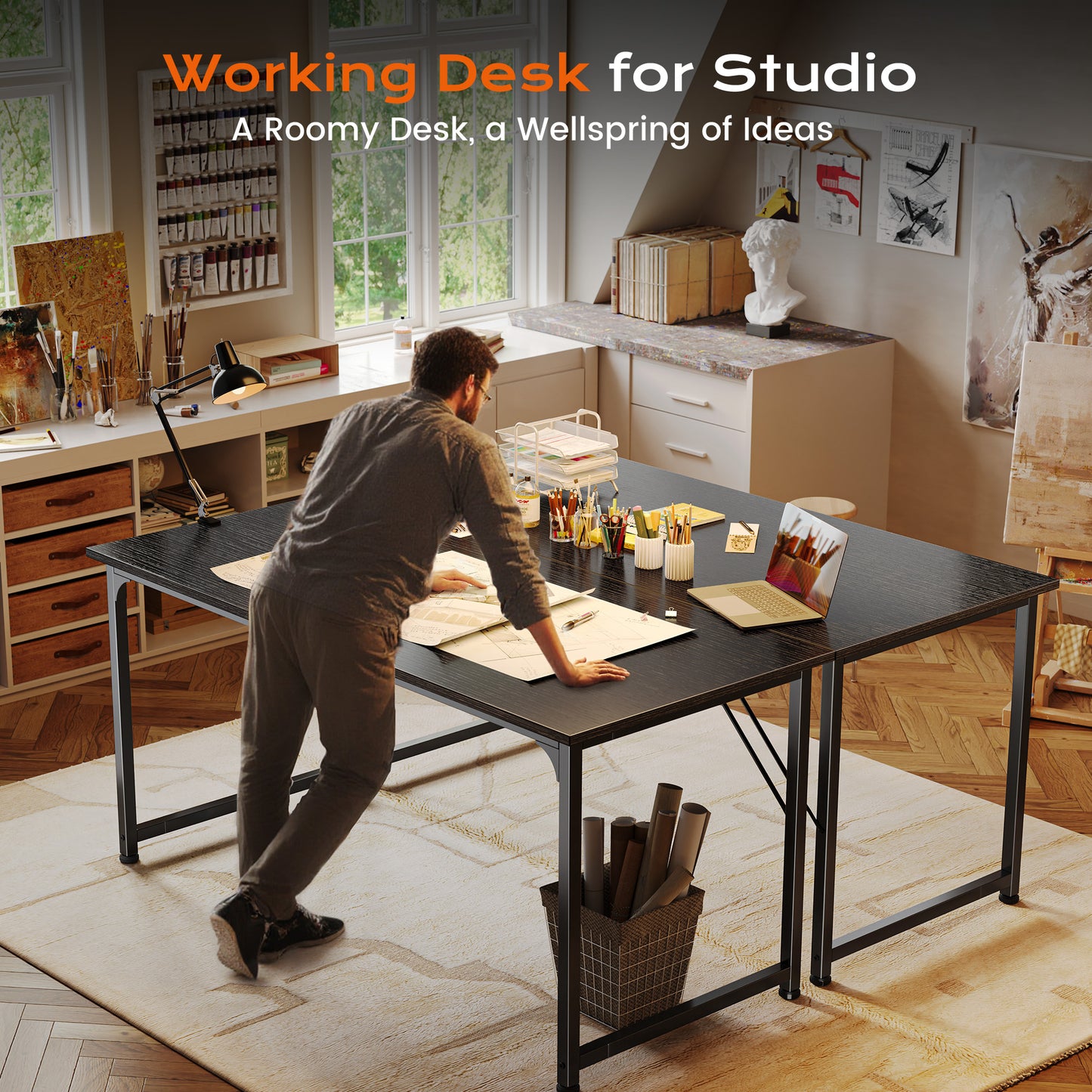 PRAISUN 54 X 24 Inch Computer Desk with Deeper Desktop, Gaming Office Writing Work Desk for Home Office, Study, Bedroom, Work from Home, Metal Frame, Black
